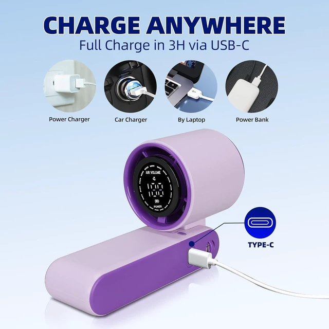 Alt view image 3 of 7 - 3 IN 1 Portable Handheld Mini Fan, Compact Personal Cooling, 100Speeds, Rechargeable, Quiet Operation, USB-C, for Travel, Office, Outdoor (Purple)