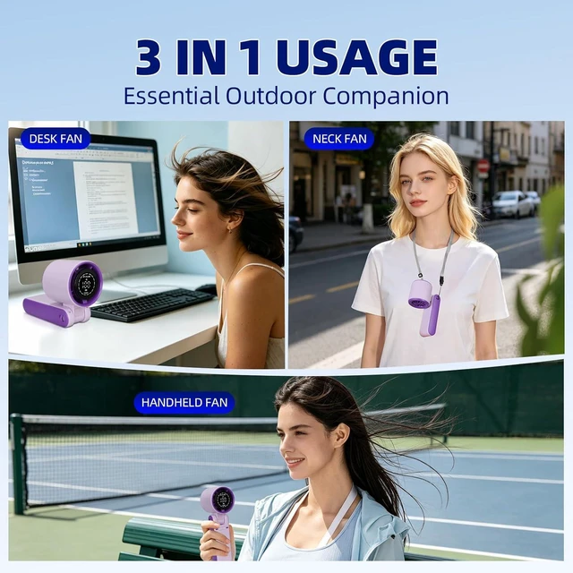 Alt view image 4 of 7 - 3 IN 1 Portable Handheld Mini Fan, Compact Personal Cooling, 100Speeds, Rechargeable, Quiet Operation, USB-C, for Travel, Office, Outdoor (Purple)