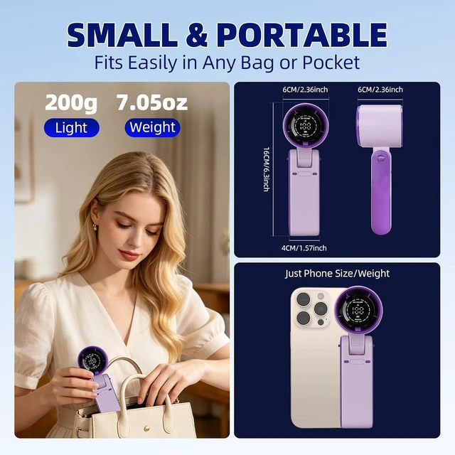 Alt view image 2 of 7 - 3 IN 1 Portable Handheld Mini Fan, Compact Personal Cooling, 100Speeds, Rechargeable, Quiet Operation, USB-C, for Travel, Office, Outdoor (Purple)