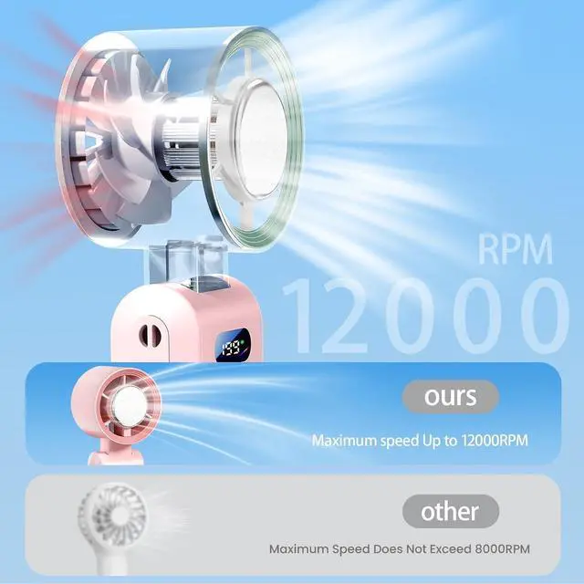 Alt view image 2 of 7 - Handheld Fan, Portable Handheld Fan with Ice Function, mini personal fan, Turbo Powerful Rechargeable Fans,1-199 Speed, Foldable, for Women Men Outdoor Indoor travel essentials(Pink)