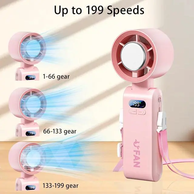 Alt view image 4 of 7 - Handheld Fan, Portable Handheld Fan with Ice Function, mini personal fan, Turbo Powerful Rechargeable Fans,1-199 Speed, Foldable, for Women Men Outdoor Indoor travel essentials(Pink)
