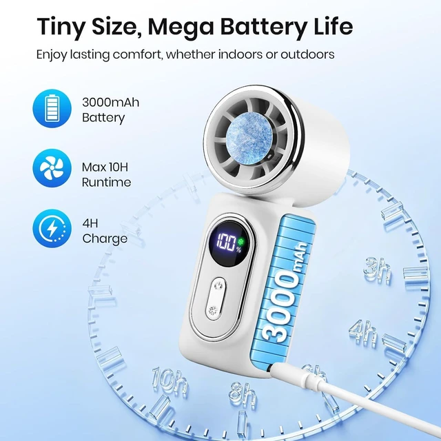 Alt view image 7 of 7 - Portable Handheld Turbo Fan with Ice Cooling, 180°Adjustable 5 Gear High Speed Personal Turbo Fan Rechargeable with LED Display for Travel, Outdoor, Camping, Hiking (White)