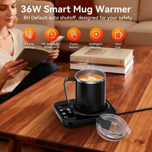 Alt view image 2 of 7 - Coffee Mug Warmer & Mug Set for Desk, 36W Electric Coffee Cup Warmer with 16oz Cup, 9 Temp Settings Auto Shut Off Heated Mug Plate for Home Office Desk Accessories, Gifts for Coffee Lovers, Black