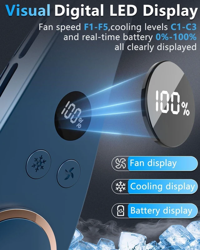 Alt view image 5 of 7 - Neck Fan with Cooling Plate-USB 5500mAh Battery,24H Cooling,5 Speeds&3 Cooler Modes LED Display,Wearable Mini Portable Personal Fan,Quiet Neck Cooler for Women, Men, Kids, Travel, Outdoor, Blue