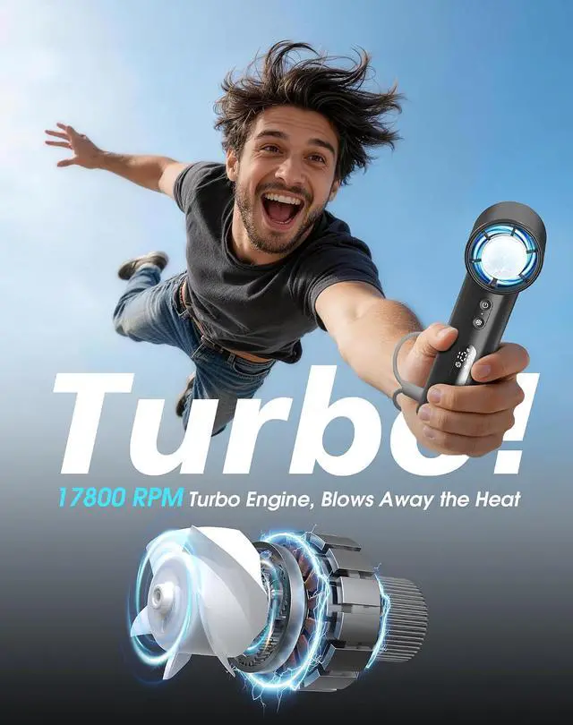 Alt view image 2 of 7 - Portable Handheld Fan with Ice Cooler, Turbo Power 17800 RPM, Fast Charge, Digital Display, 100 Speeds Adjustable, Personal Fan Gifts for Women Makeup Travel Cruise Camping Outdoor, Black