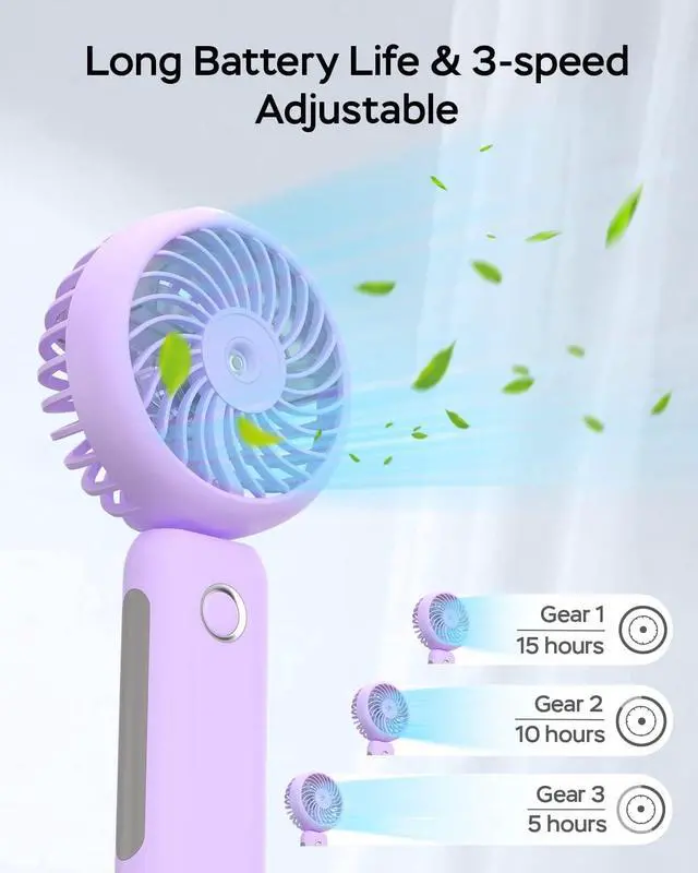 Alt view image 2 of 7 - Portable Handheld Misting Fan, USB Rechargeable, Foldable with Water Tank, 3 Speeds, for Travel and Outdoors (purple)