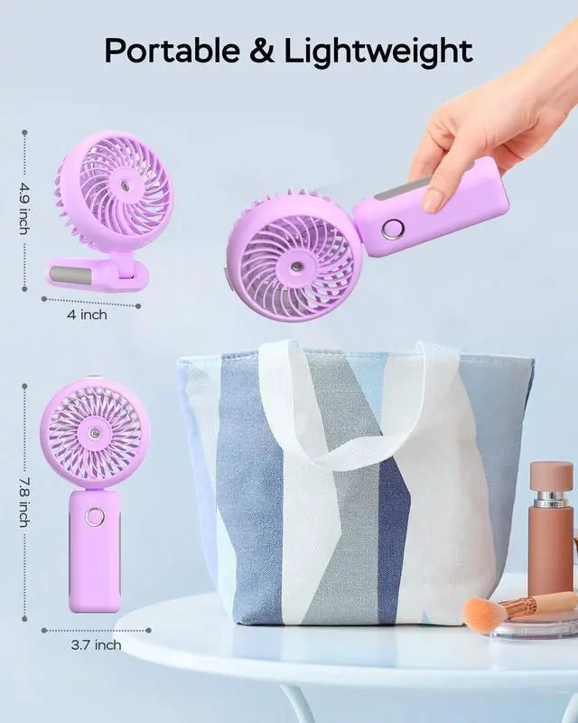 Alt view image 3 of 7 - Portable Handheld Misting Fan, USB Rechargeable, Foldable with Water Tank, 3 Speeds, for Travel and Outdoors (purple)