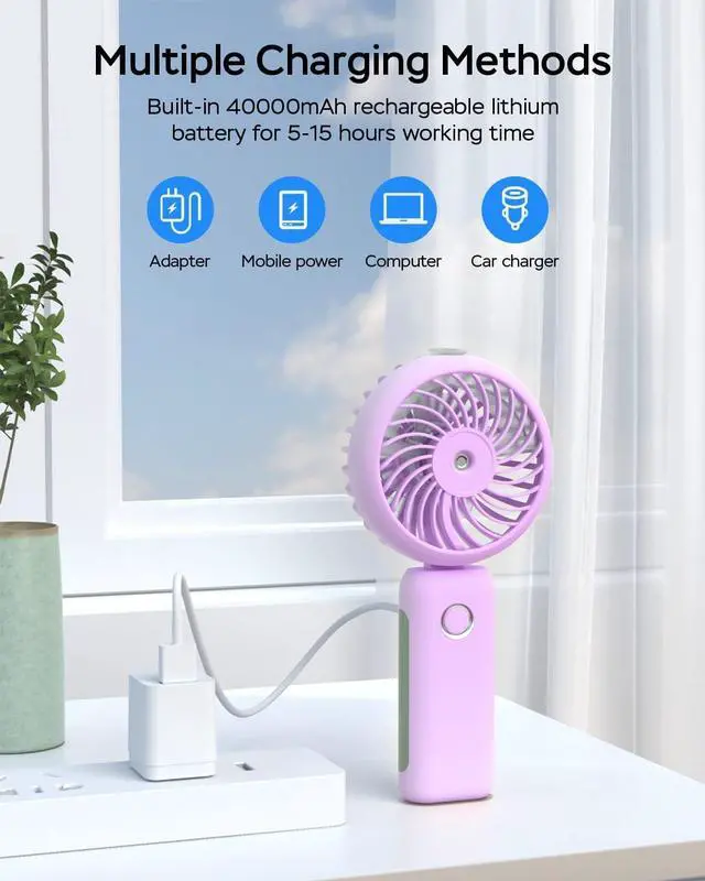Alt view image 4 of 7 - Portable Handheld Misting Fan, USB Rechargeable, Foldable with Water Tank, 3 Speeds, for Travel and Outdoors (purple)