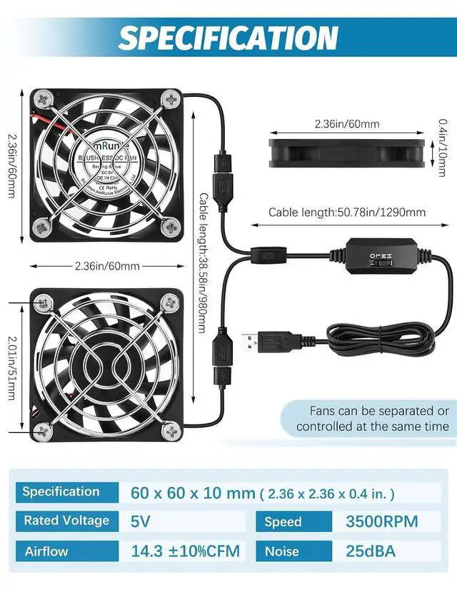Alt view image 4 of 6 - 2 Packs USB Cooling Fan 60mm x 15mm 5V Brushless DC Fans Variable Speed for PC Computer Raspberry Pi Router Terrarium Helmet