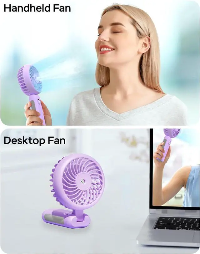 Alt view image 5 of 7 - Portable Handheld Misting Fan, USB Rechargeable, Foldable with Water Tank, 3 Speeds, for Travel and Outdoors (purple)