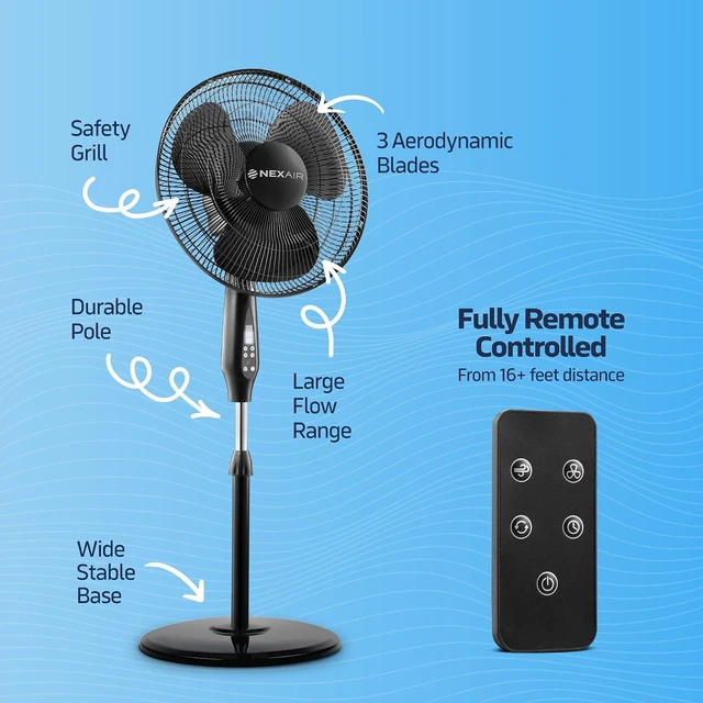 Alt view image 6 of 7 - NEXAIR Oscillating 16 Inch Pedestal Stand Up Quiet Operating Room Fan With Remote Control, 3 Speed, with Adjustable Height, Standing Fan Great For Office & Living Room