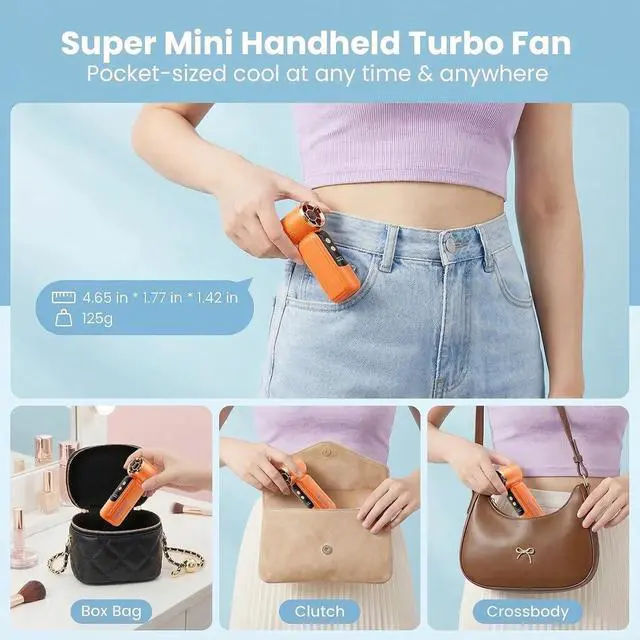 Alt view image 3 of 7 - Portable Handheld Mini Fan, 6 Speeds 16900 RPM High Velocity Personal Fan with LED Display, USB Rechargeable, Mini Fan with Lanyard for Makeup, Travel, Outdoor, Gift for Women Girl, Orange