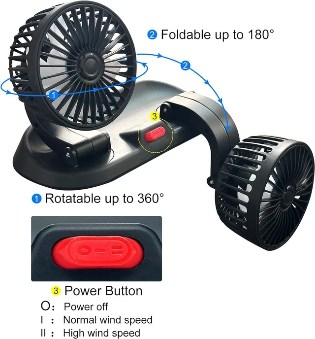 Alt view image 3 of 7 - Adjustable Car Cool Fan, Dual Head Design, 2-speed Adjustable, 360° Rotating Portable Car Fan, 5V USB Powered, Suitable for Caravan, Sedan, SUV.
