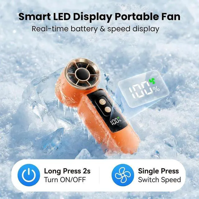 Alt view image 6 of 7 - Portable Handheld Mini Fan, 6 Speeds 16900 RPM High Velocity Personal Fan with LED Display, USB Rechargeable, Mini Fan with Lanyard for Makeup, Travel, Outdoor, Gift for Women Girl, Orange