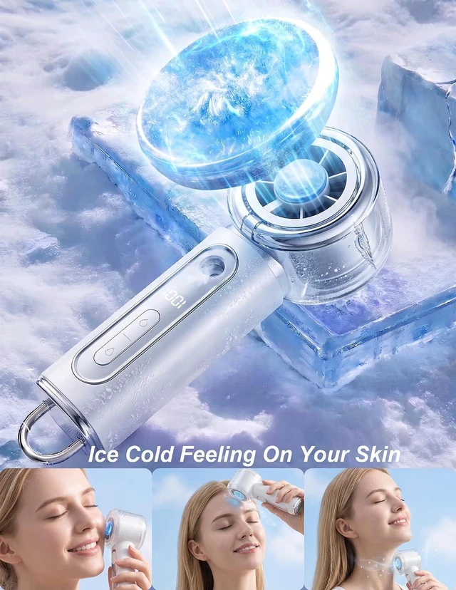 Alt view image 3 of 7 - Portable Handheld Misting Fan with Ice Cooling Plate, Personal Mini Hand Held Mister Fan Water Spray, Desk Turbo Fans Rechargeable 17000RPM Blow Cold Air,Summer Gifts for Travel Beach Makeup Women Men