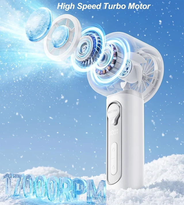 Alt view image 5 of 7 - Portable Handheld Misting Fan with Ice Cooling Plate, Personal Mini Hand Held Mister Fan Water Spray, Desk Turbo Fans Rechargeable 17000RPM Blow Cold Air,Summer Gifts for Travel Beach Makeup Women Men