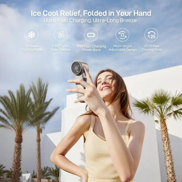Alt view image 2 of 7 - EPICKA Portable Handheld Fan with Ice Cooler - 25H Runtime, Rechargeable 6800mAh Personal Turbo Fan with Power Bank, Fast Charging, 0-100 Speed, Gifts for Women, Summer Travel Essentials, Titanium