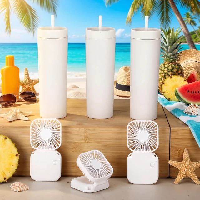 Alt view image 3 of 7 - Reallnaive 6 Pcs Skinny Tumbler Bulk and Mini Portable Fans Set for Summer, 16 oz Plastic Cups with Lids Straws and Small USB Rechargeable Handheld Fan for Cooling Gift (White)