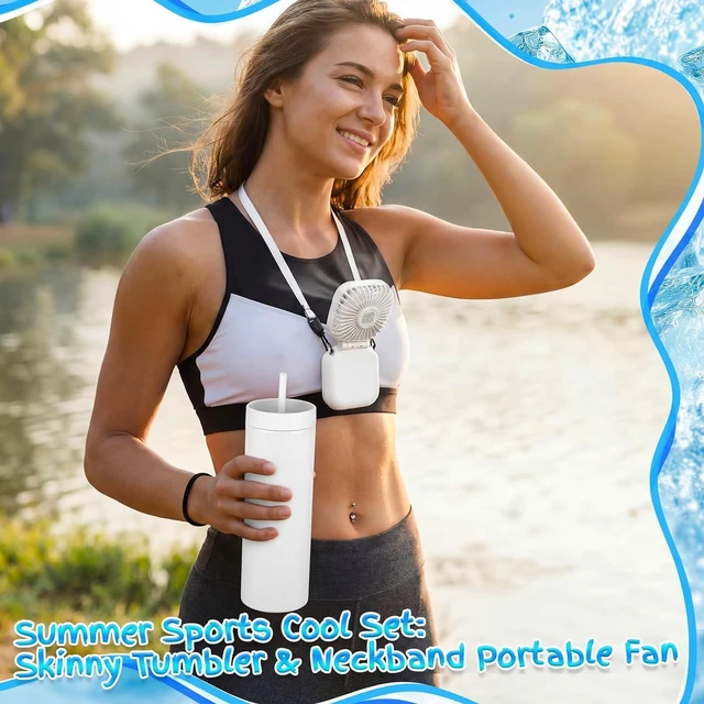 Alt view image 4 of 7 - Reallnaive 6 Pcs Skinny Tumbler Bulk and Mini Portable Fans Set for Summer, 16 oz Plastic Cups with Lids Straws and Small USB Rechargeable Handheld Fan for Cooling Gift (White)
