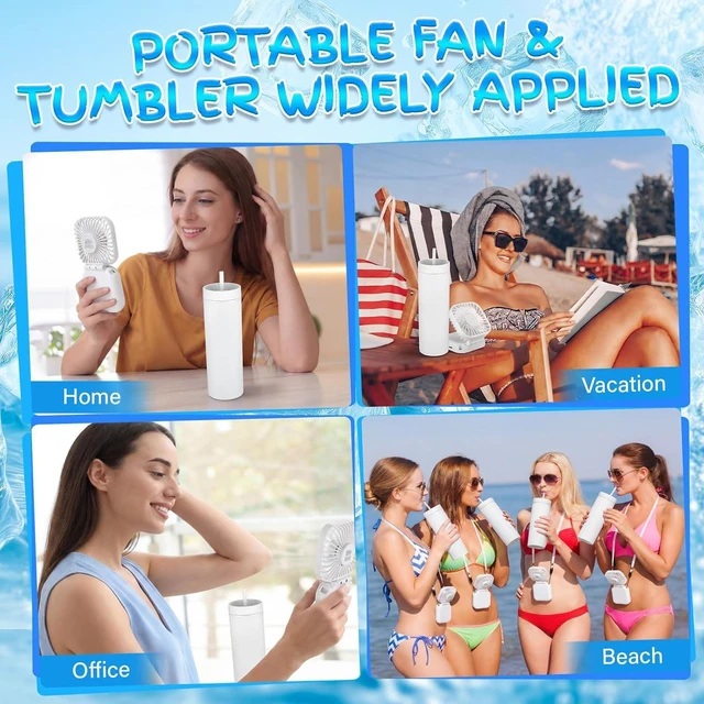 Alt view image 7 of 7 - Reallnaive 6 Pcs Skinny Tumbler Bulk and Mini Portable Fans Set for Summer, 16 oz Plastic Cups with Lids Straws and Small USB Rechargeable Handheld Fan for Cooling Gift (White)