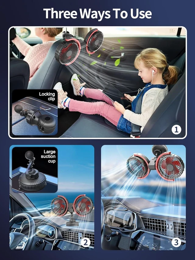 Alt view image 2 of 7 - Car Fan for Backseat for Kids 360° Rotatable Dual Head USB Powered Car Fans that Blow Cold Air 3 Speed Wind Desk Fan Low Noise with Locking Clip Suction Cup for Vehicles SUV RV Truck 5V/2A