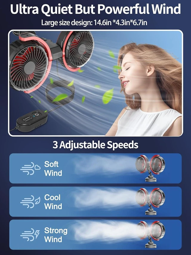Alt view image 3 of 7 - Car Fan for Backseat for Kids 360° Rotatable Dual Head USB Powered Car Fans that Blow Cold Air 3 Speed Wind Desk Fan Low Noise with Locking Clip Suction Cup for Vehicles SUV RV Truck 5V/2A
