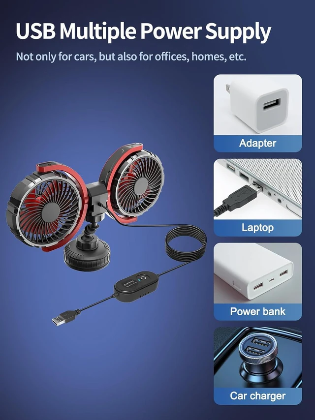 Alt view image 6 of 7 - Car Fan for Backseat for Kids 360° Rotatable Dual Head USB Powered Car Fans that Blow Cold Air 3 Speed Wind Desk Fan Low Noise with Locking Clip Suction Cup for Vehicles SUV RV Truck 5V/2A