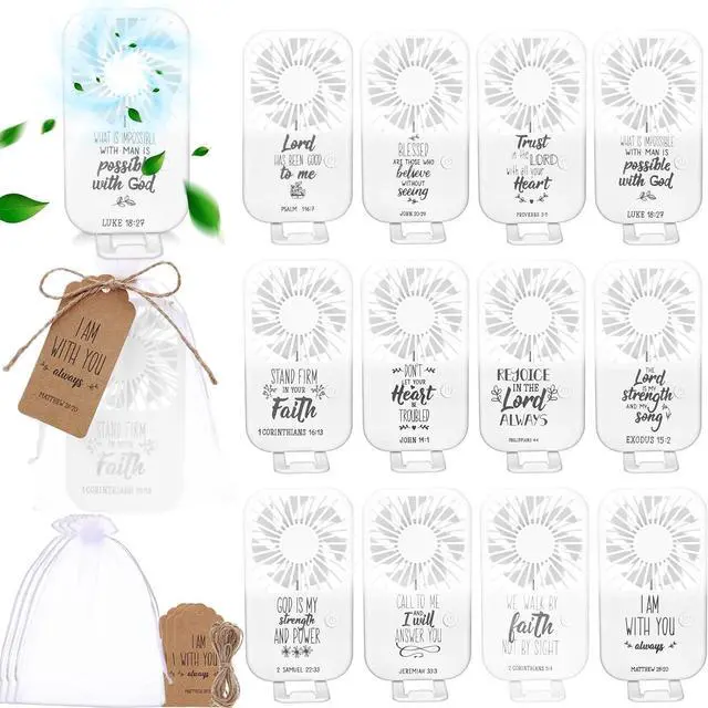 Main image of Leinuosen 12 Set Church Gifts Bulk Religious Mini Powerful Handheld Fan Father's Day Gifts Christian Bible 3 Speed USB Portable Rechargeable Pocket Travel Inspiring Verse Fan Women Men Summer Office