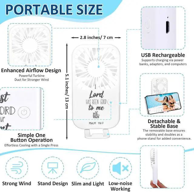 Alt view image 2 of 7 - Leinuosen 12 Set Church Gifts Bulk Religious Mini Powerful Handheld Fan Father's Day Gifts Christian Bible 3 Speed USB Portable Rechargeable Pocket Travel Inspiring Verse Fan Women Men Summer Office