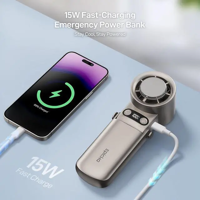 Alt view image 4 of 7 - EPICKA Portable Handheld Fan with Ice Cooler - 25H Runtime, Rechargeable 6800mAh Personal Turbo Fan with Power Bank, Fast Charging, 0-100 Speed, Gifts for Women, Summer Travel Essentials, Titanium