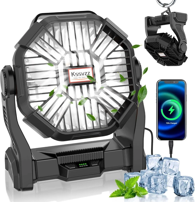 Main image of Kssvzz Portable Camping Fan with LED, 36H Rechargeable Battery Powered Fan 20000mAh, 270°Pivot Personal USB Fan, 4 Speed Quiet Table Fan, 9 Battery Operated Tent Fan for Travel, Picnic (Black)