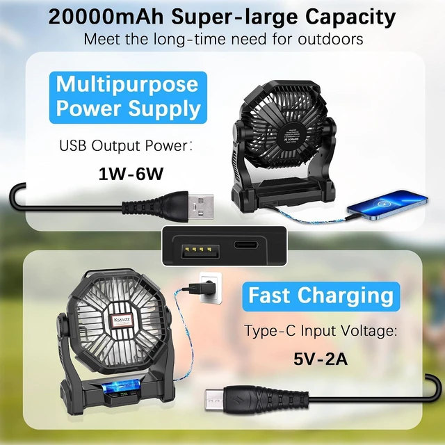 Alt view image 2 of 7 - Kssvzz Portable Camping Fan with LED, 36H Rechargeable Battery Powered Fan 20000mAh, 270°Pivot Personal USB Fan, 4 Speed Quiet Table Fan, 9 Battery Operated Tent Fan for Travel, Picnic (Black)