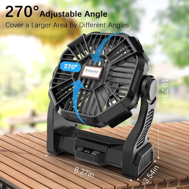 Alt view image 6 of 7 - Kssvzz Portable Camping Fan with LED, 36H Rechargeable Battery Powered Fan 20000mAh, 270°Pivot Personal USB Fan, 4 Speed Quiet Table Fan, 9 Battery Operated Tent Fan for Travel, Picnic (Black)
