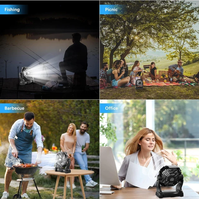 Alt view image 7 of 7 - Kssvzz Portable Camping Fan with LED, 36H Rechargeable Battery Powered Fan 20000mAh, 270°Pivot Personal USB Fan, 4 Speed Quiet Table Fan, 9 Battery Operated Tent Fan for Travel, Picnic (Black)