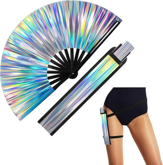 Main image of FairySandy Large Rave Fan UV Glow Hand Fan with Thigh Holster for Women Carnival Disco Party Supplies for Carnival Edm Music Festival Club Accessories Performance(Laser,Laser Color)