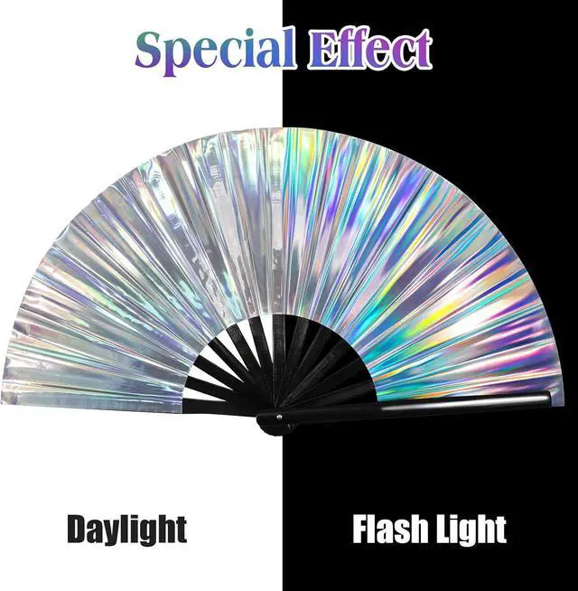 Alt view image 2 of 7 - FairySandy Large Rave Fan UV Glow Hand Fan with Thigh Holster for Women Carnival Disco Party Supplies for Carnival Edm Music Festival Club Accessories Performance(Laser,Laser Color)
