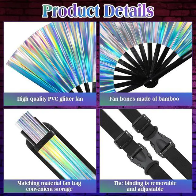 Alt view image 4 of 7 - FairySandy Large Rave Fan UV Glow Hand Fan with Thigh Holster for Women Carnival Disco Party Supplies for Carnival Edm Music Festival Club Accessories Performance(Laser,Laser Color)