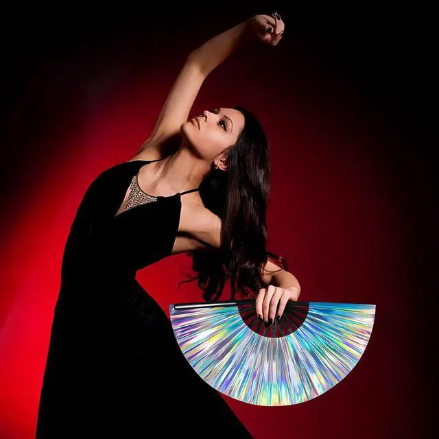 Alt view image 5 of 7 - FairySandy Large Rave Fan UV Glow Hand Fan with Thigh Holster for Women Carnival Disco Party Supplies for Carnival Edm Music Festival Club Accessories Performance(Laser,Laser Color)