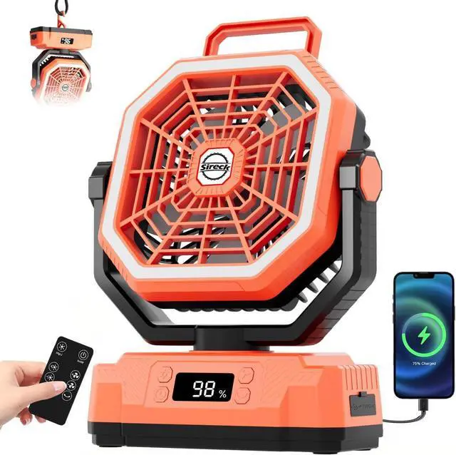 Main image of Sireck 40000mAh Camping Fan, 10-Inch Battery Powered Portable Personal Fan with Remote,LED Lantern, 5 Speeds,Timer, Digital Display Cordless USB Desk Fan for Tent(Orange-10inch)