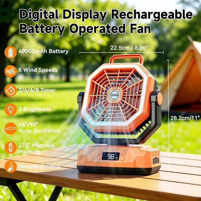 Alt view image 2 of 6 - Sireck 40000mAh Camping Fan, 10-Inch Battery Powered Portable Personal Fan with Remote,LED Lantern, 5 Speeds,Timer, Digital Display Cordless USB Desk Fan for Tent(Orange-10inch)
