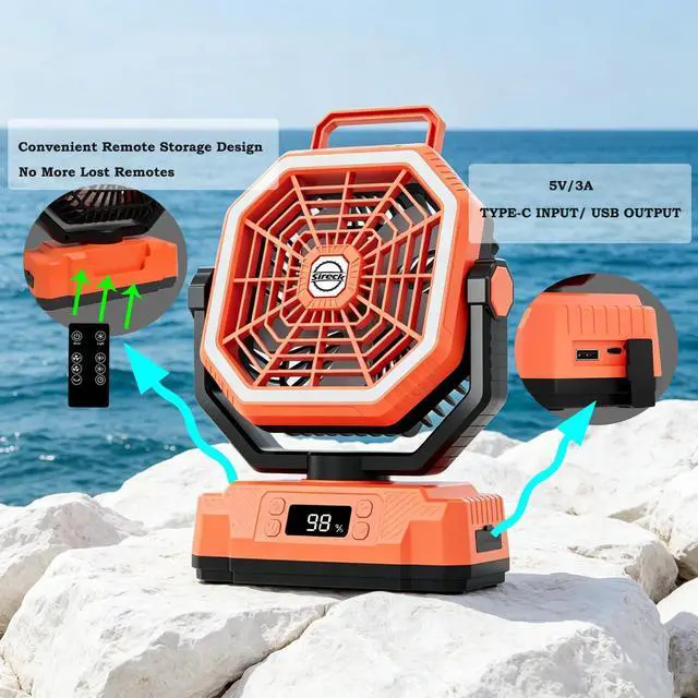 Alt view image 4 of 6 - Sireck 40000mAh Camping Fan, 10-Inch Battery Powered Portable Personal Fan with Remote,LED Lantern, 5 Speeds,Timer, Digital Display Cordless USB Desk Fan for Tent(Orange-10inch)