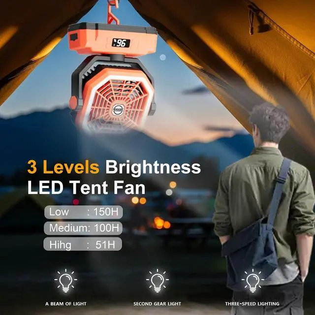 Alt view image 5 of 6 - Sireck 40000mAh Camping Fan, 10-Inch Battery Powered Portable Personal Fan with Remote,LED Lantern, 5 Speeds,Timer, Digital Display Cordless USB Desk Fan for Tent(Orange-10inch)