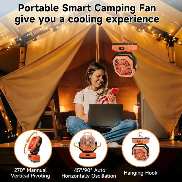 Alt view image 6 of 6 - Sireck 40000mAh Camping Fan, 10-Inch Battery Powered Portable Personal Fan with Remote,LED Lantern, 5 Speeds,Timer, Digital Display Cordless USB Desk Fan for Tent(Orange-10inch)