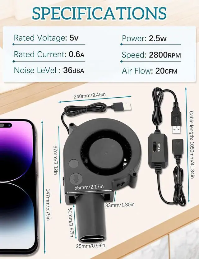 Alt view image 6 of 7 - USB Blower Fan 97mm x 33mm 5V Cooling DC Brushless Centrifugal Fan with Tube 3 Speed for Electronics Computer 3D Printer Receiver Cabinet