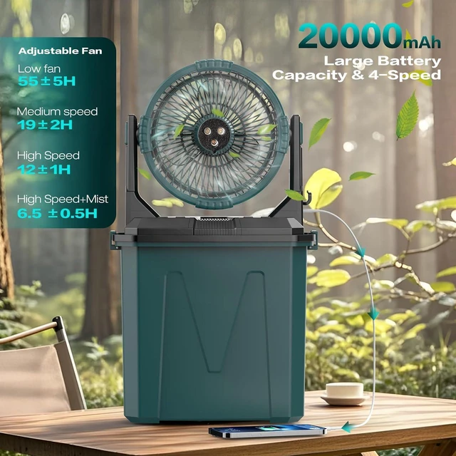 Alt view image 3 of 7 - Portable Misting Fan with Rechargeable Battery,4-Speed Adjustable,9L Water Tank,20000mAh USB Charging,Quiet Operation, Ideal for Outdoor,Camping,Fishing,Travel,and Home Use