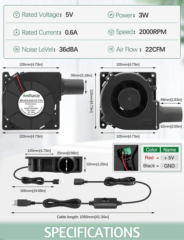 Alt view image 6 of 7 - 5V USB Cooling Blower Fan with Speed Control 120mm x 32mm DC Brushless Centrifugal Fan for Receiver DVR Xbox Modem AV Cabinet