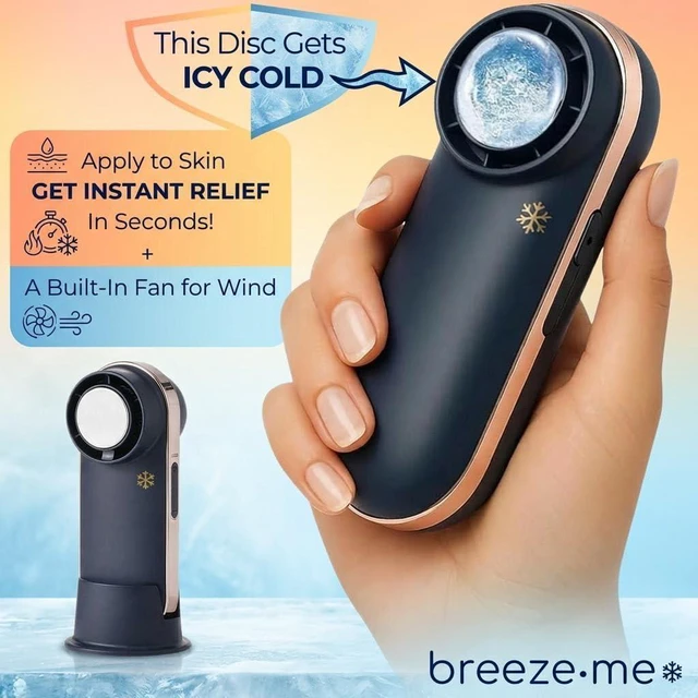 Alt view image 3 of 7 - Personal Cooling Device for Hot Days-Hot Flash. Cools two ways. Instant Cooling when Icy Cold Disc is Applied Directly to Skin or Built-in Turbo Mini Fan for Wind - Small Stylish Rechargeable