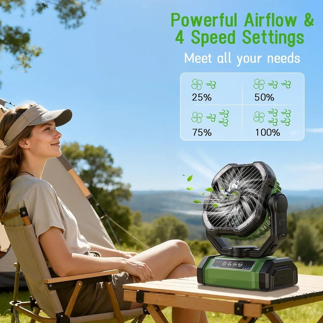 Alt view image 2 of 7 - UUYEE Rechargeable Fan Portable, Camping Fan Rechargeable, Large Battery Powered Fans, 4Speed Cordless Fans with LED Lantern & Hanging Hook-Green