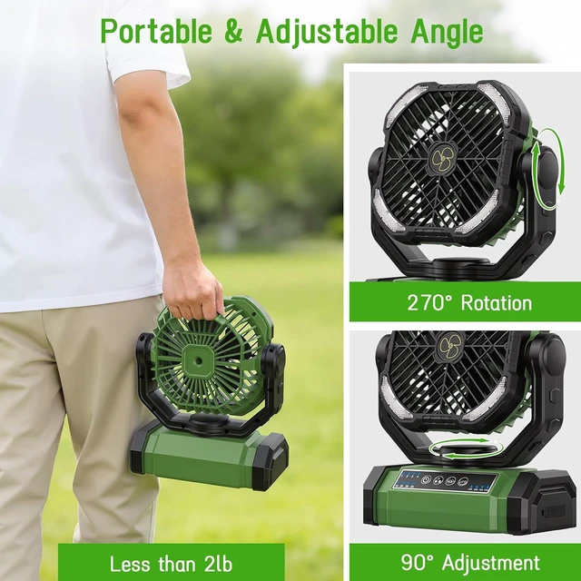 Alt view image 3 of 7 - UUYEE Rechargeable Fan Portable, Camping Fan Rechargeable, Large Battery Powered Fans, 4Speed Cordless Fans with LED Lantern & Hanging Hook-Green