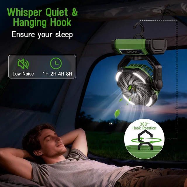 Alt view image 5 of 7 - UUYEE Rechargeable Fan Portable, Camping Fan Rechargeable, Large Battery Powered Fans, 4Speed Cordless Fans with LED Lantern & Hanging Hook-Green